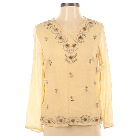 NWT Kate Hill Petites Moroccan Dreams Cream Silk Embroidered V Neck Blouse - Picture 1 of 7